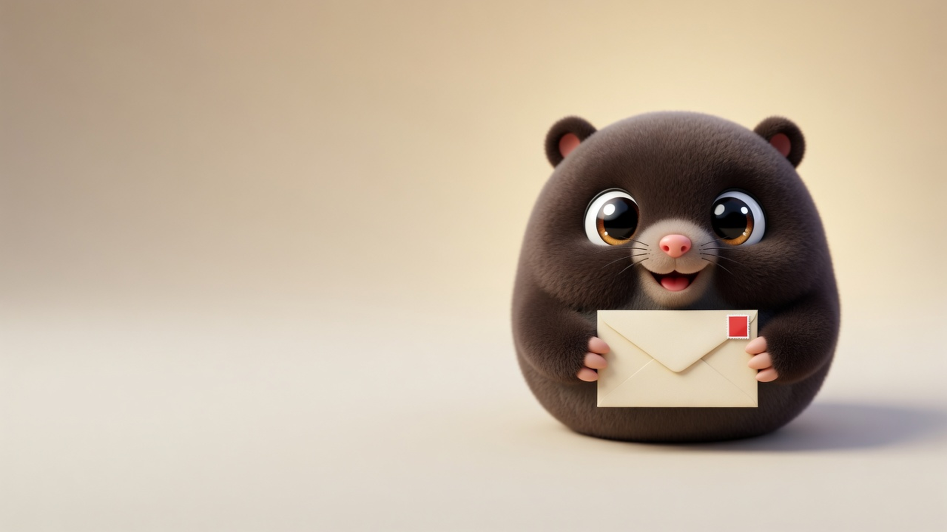 The Mailwurf mole surfacing from a pile of envelopes, holding one up to the camera