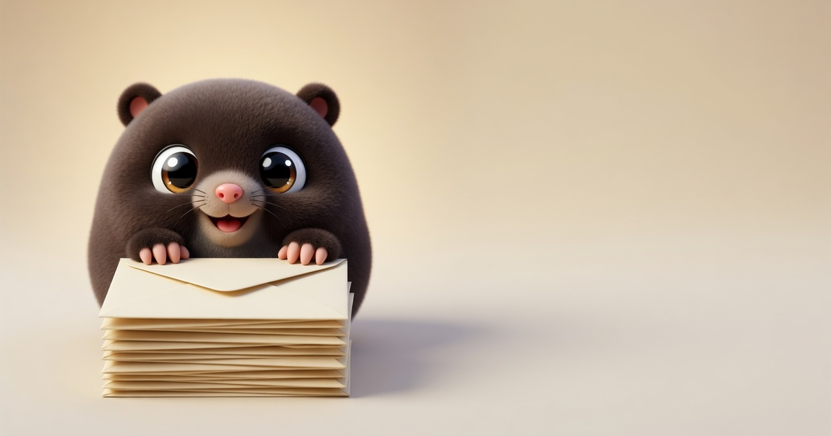 The Mailwurf mole resting on a neat stack of envelopes